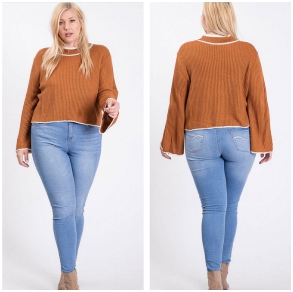 Sweaters - Camel Ribbed Mock Neck Plus Size crop sweater